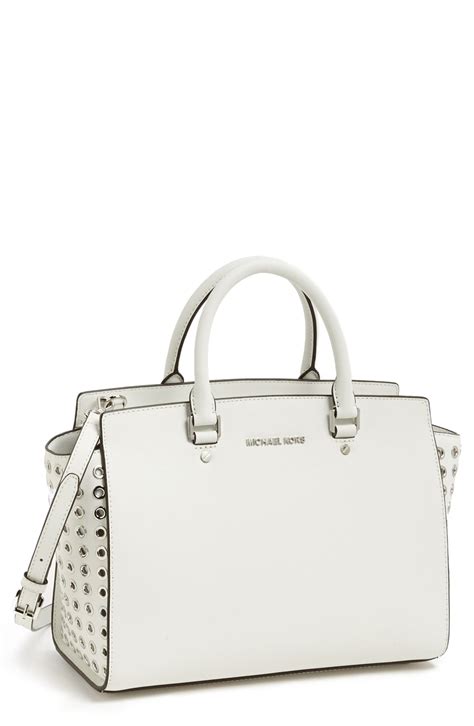 michael kors selma perforated optic white satchel|Michael Kors saffiano satchel.